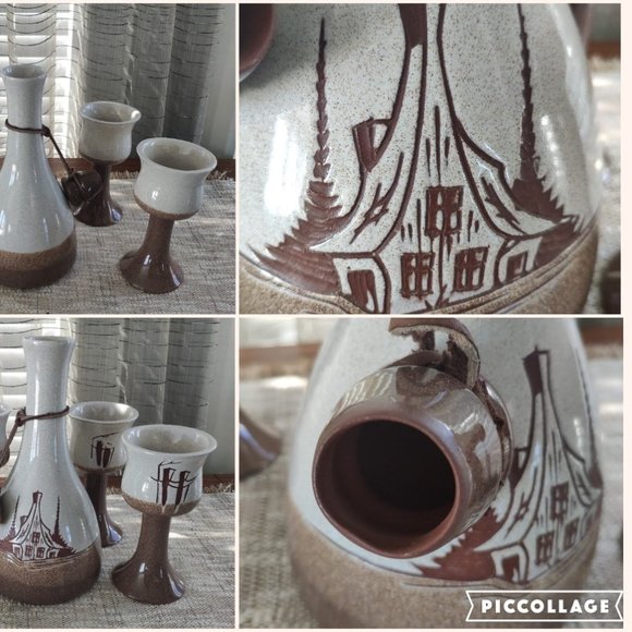 Studio Art Pottery Decanter Set of 5 La Canadienne VTG Bottle + 4 Goblets Signed - Picture 11 of 15